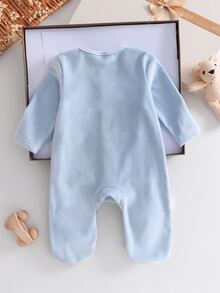 SHEIN 1件秋冬新生兒嬰兒連身衣，可愛老虎牛象鹿兔動物刺繡，卡其黃杏色灰色淺卡其粉色白色單面水晶絨毛休閒極簡長袖包腳爬行連身衣 - 彩色 - 查看 2