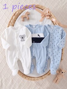 SHEIN 1件秋冬新生兒嬰兒連身衣，可愛老虎牛象鹿兔動物刺繡，卡其黃杏色灰色淺卡其粉色白色單面水晶絨毛休閒極簡長袖包腳爬行連身衣 - 彩色 - 查看 7