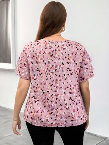 Reflora Plus Size Elegant Round Neck Double Layer Sleeve Geometric Polka Dot Print Loose Blouse - Pink - View 2