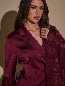 SHEIN BAE Women's Solid Color Deep V-Neck Lace Patchwork Cuff Fashion Blazer - Burgundy - View 7