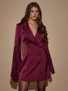 SHEIN BAE Women's Solid Color Deep V-Neck Lace Patchwork Cuff Fashion Blazer - Burgundy - View 6