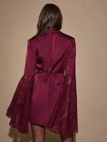 SHEIN BAE Women's Solid Color Deep V-Neck Lace Patchwork Cuff Fashion Blazer - Burgundy - View 2