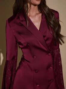 SHEIN BAE Women's Solid Color Deep V-Neck Lace Patchwork Cuff Fashion Blazer - Burgundy - View 9