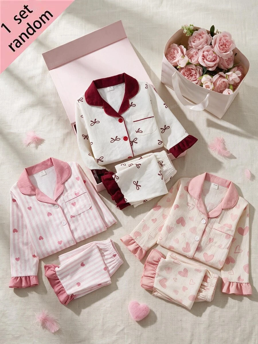 SHEIN Girls' Lapel Long Sleeve Single-Breasted Top And Pants Loungewear Set, Floral Ruffle Heart Design, 4-Piece Set, Autumn/Winter, Soft Comfortable Cute Gift - Multicolor - View 1