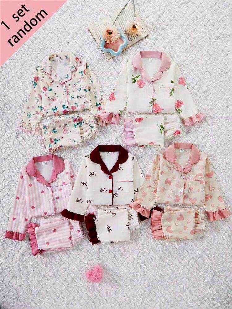 SHEIN 女童翻領長袖單排扣上衣與長褲居家服套裝，花卉荷葉邊愛心設計，4件套，秋冬款，柔軟舒適可愛禮物 - 彩色 - 查看 5