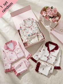 SHEIN Girls' Lapel Long Sleeve Single-Breasted Top And Pants Loungewear Set, Floral Ruffle Heart Design, 4-Piece Set, Autumn/Winter, Soft Comfortable Cute Gift - Multicolor - View 2