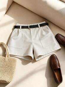 Franclia Women's Loose Beige Leather Shorts With Pockets And Elastic Waist - White - View 3