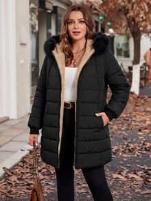 Reflora Plus Size Autumn/Winter Thermal Lined Hooded Fur Collar Padded Coat Winter Clothes Winter Jacket Fleece-Lined For Warmth - Black - View 5