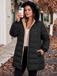 Reflora Plus Size Autumn/Winter Thermal Lined Hooded Fur Collar Padded Coat Winter Clothes Winter Jacket Fleece-Lined For Warmth - Black - View 8
