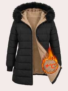 Reflora Plus Size Autumn/Winter Thermal Lined Hooded Fur Collar Padded Coat Winter Clothes Winter Jacket Fleece-Lined For Warmth - Black - View 6