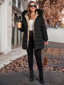 Reflora Plus Size Autumn/Winter Thermal Lined Hooded Fur Collar Padded Coat Winter Clothes Winter Jacket Fleece-Lined For Warmth - Black - View 9