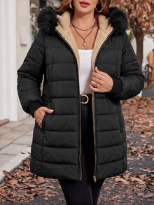 Reflora Plus Size Autumn/Winter Thermal Lined Hooded Fur Collar Padded Coat Winter Clothes Winter Jacket Fleece-Lined For Warmth - Black - View 7