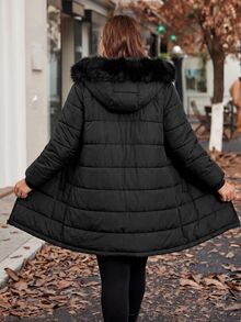 Reflora Plus Size Autumn/Winter Thermal Lined Hooded Fur Collar Padded Coat Winter Clothes Winter Jacket Fleece-Lined For Warmth - Black - View 11