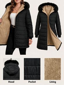 Reflora Plus Size Autumn/Winter Thermal Lined Hooded Fur Collar Padded Coat Winter Clothes Winter Jacket Fleece-Lined For Warmth - Black - View 1