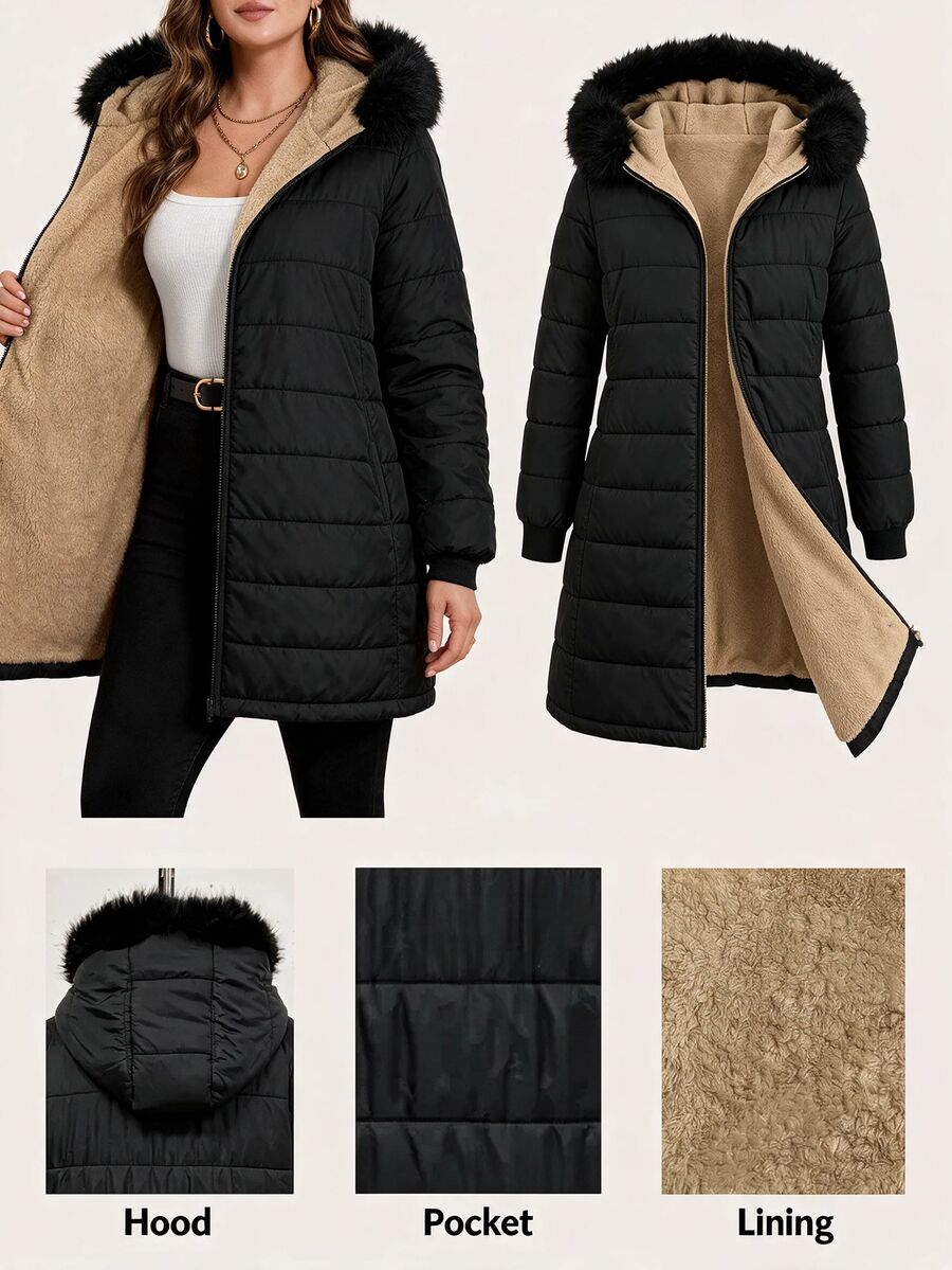 Reflora Plus Size Autumn/Winter Thermal Lined Hooded Fur Collar Padded Coat Winter Clothes Winter Jacket Fleece-Lined For Warmth - Black - View 1