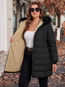 Reflora Plus Size Autumn/Winter Thermal Lined Hooded Fur Collar Padded Coat Winter Clothes Winter Jacket Fleece-Lined For Warmth - Black - View 10