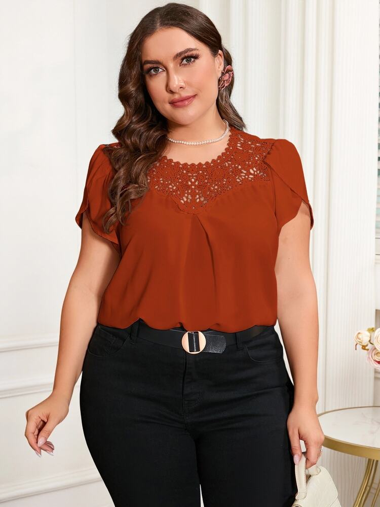 Reflora Plus Size Women's Summer Solid Color Round Collar Petal Sleeve Splicing Lace Elegant Blouse,Business Casual Woman - Rust Brown - View 7