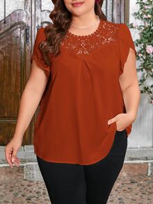 Reflora Plus Size Women's Summer Solid Color Round Collar Petal Sleeve Splicing Lace Elegant Blouse,Business Casual Woman - Rust Brown - View 8