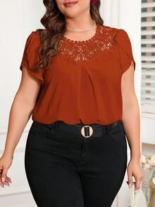 Reflora Plus Size Women's Summer Solid Color Round Collar Petal Sleeve Splicing Lace Elegant Blouse,Business Casual Woman - Rust Brown - View 2