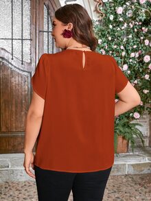 Reflora Plus Size Women's Summer Solid Color Round Collar Petal Sleeve Splicing Lace Elegant Blouse,Business Casual Woman - Rust Brown - View 3