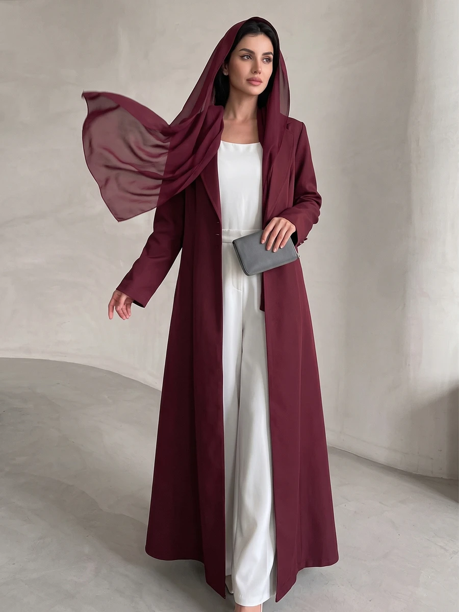 Yasmyna Spring Summer Autumn Elegant Blazer Collar Single-Breasted Long Coat, Sheer Cape Fashionable Women's Robe - Burgundy - View 1