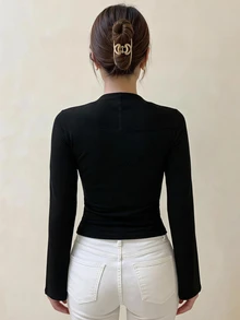 DAZY Women's Solid Color Contrast Mesh Slim Fit Short Sleeve T-Shirt Autumn Date Formal Black Casual Elegant - Black - View 6
