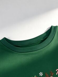 Resyla 女款大尺碼聖誕刺繡鵝圖案圓領長袖抓絨套頭衛衣，趣味節慶圖案休閒冬季假日上衣 - 墨綠色 - 查看 3