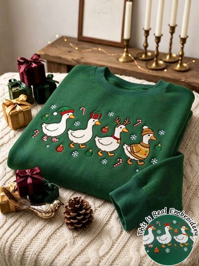Resyla Women's Plus Size Christmas Embroidered Goose Sweatshirt, Funny Festive Graphic Crewneck Long Sleeve Fleece Pullover Top, Casual Winter Holiday Outfit