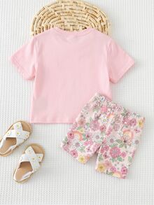 SHEIN LMoss Kids 女婴休闲圆领短袖T恤和打底裤套装，适合春夏季节穿着 - 彩色 - 查看 5