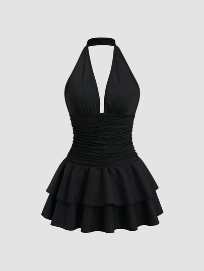 Sweetra Vestido mini con escote en V, espalda descubierta y volantes, en un diseño de patchwork de punto y tejido, con cintura fruncida. Simple y elegante para vacaciones, uso diario casual, primavera/verano para mujer