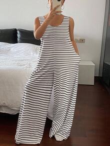 Livesso Striped Sleeveless Loose Comfy Jumpsuit Loungewear Pajama - Black and White - View 6