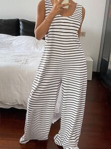 Livesso Striped Sleeveless Loose Comfy Jumpsuit Loungewear Pajama - Black and White - View 3