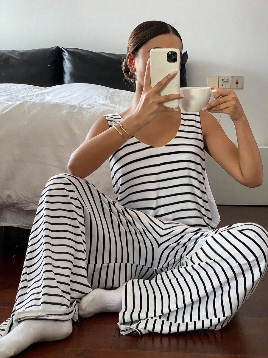Livesso Striped Sleeveless Loose Comfy Jumpsuit Loungewear Pajama - Black and White - View 1