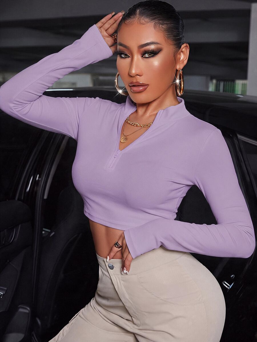 SHEIN SXY Mock Neck Half Zip Crop Tee - Purple - View 1