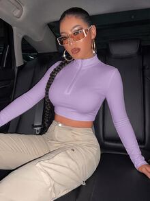 SHEIN SXY Mock Neck Half Zip Crop Tee - Purple - View 6