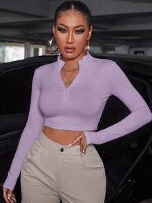 SHEIN SXY Mock Neck Half Zip Crop Tee - Purple - View 3
