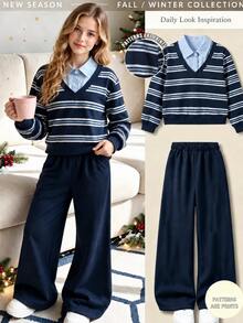 SHEIN Teen Girls Navy Blue Preppy Style 2 Pieces Set, 2 In 1 Striped Fuzzy Sweatshirt With Wide Leg Sweatpants, Winter - Navy Blue - View 1