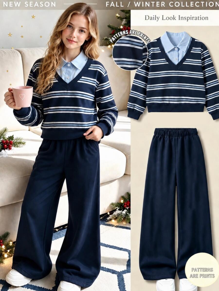SHEIN Teen Girls Navy Blue Preppy Style 2 Pieces Set, 2 In 1 Striped Fuzzy Sweatshirt With Wide Leg Sweatpants, Winter - Navy Blue - View 1