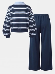 SHEIN Teen Girls Navy Blue Preppy Style 2 Pieces Set, 2 In 1 Striped Fuzzy Sweatshirt With Wide Leg Sweatpants, Winter - Navy Blue - View 2