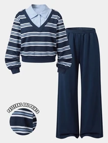SHEIN Teen Girls Navy Blue Preppy Style 2 Pieces Set, 2 In 1 Striped Fuzzy Sweatshirt With Wide Leg Sweatpants, Winter - Navy Blue - View 5
