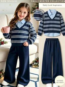 SHEIN Teen Girls Navy Blue Preppy Style 2 Pieces Set, 2 In 1 Striped Fuzzy Sweatshirt With Wide Leg Sweatpants, Winter - Navy Blue - View 6
