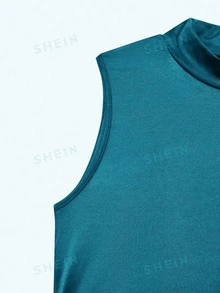 GlowEve 女士新款缎面高领无袖褶裥收腰不对称性感紧身蕾丝装饰连衣裙，女士缎面连衣裙，夏季女士连衣裙，女士优雅派对连衣裙，女士度假装，女士缎带连衣裙，女士棕色连衣裙，女士性感连衣裙，女士无袖连衣裙，女士音乐节连衣裙，毕业季服装，时尚休闲通勤装，商务办公装，多功能时尚休闲装，都市教师工作服 - 水鴨藍 - 查看 3