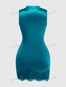 GlowEve 女士新款缎面高领无袖褶裥收腰不对称性感紧身蕾丝装饰连衣裙，女士缎面连衣裙，夏季女士连衣裙，女士优雅派对连衣裙，女士度假装，女士缎带连衣裙，女士棕色连衣裙，女士性感连衣裙，女士无袖连衣裙，女士音乐节连衣裙，毕业季服装，时尚休闲通勤装，商务办公装，多功能时尚休闲装，都市教师工作服 - 水鴨藍 - 查看 2