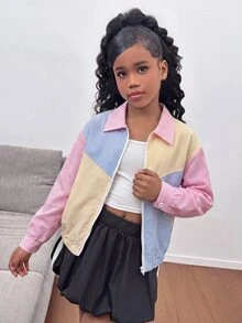 SHEIN Tween女孩彩色條紋拼接長袖秋季夾克，百搭外套，適合外出、返校季、休閒日常穿著 - 彩色 - 查看 5