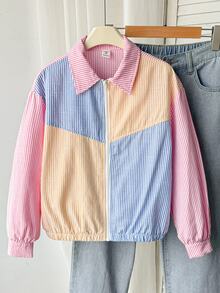 SHEIN Tween女孩彩色條紋拼接長袖秋季夾克，百搭外套，適合外出、返校季、休閒日常穿著 - 彩色 - 查看 14