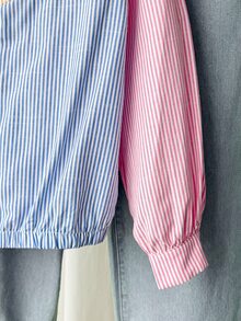 SHEIN Tween女孩彩色條紋拼接長袖秋季夾克，百搭外套，適合外出、返校季、休閒日常穿著 - 彩色 - 查看 11