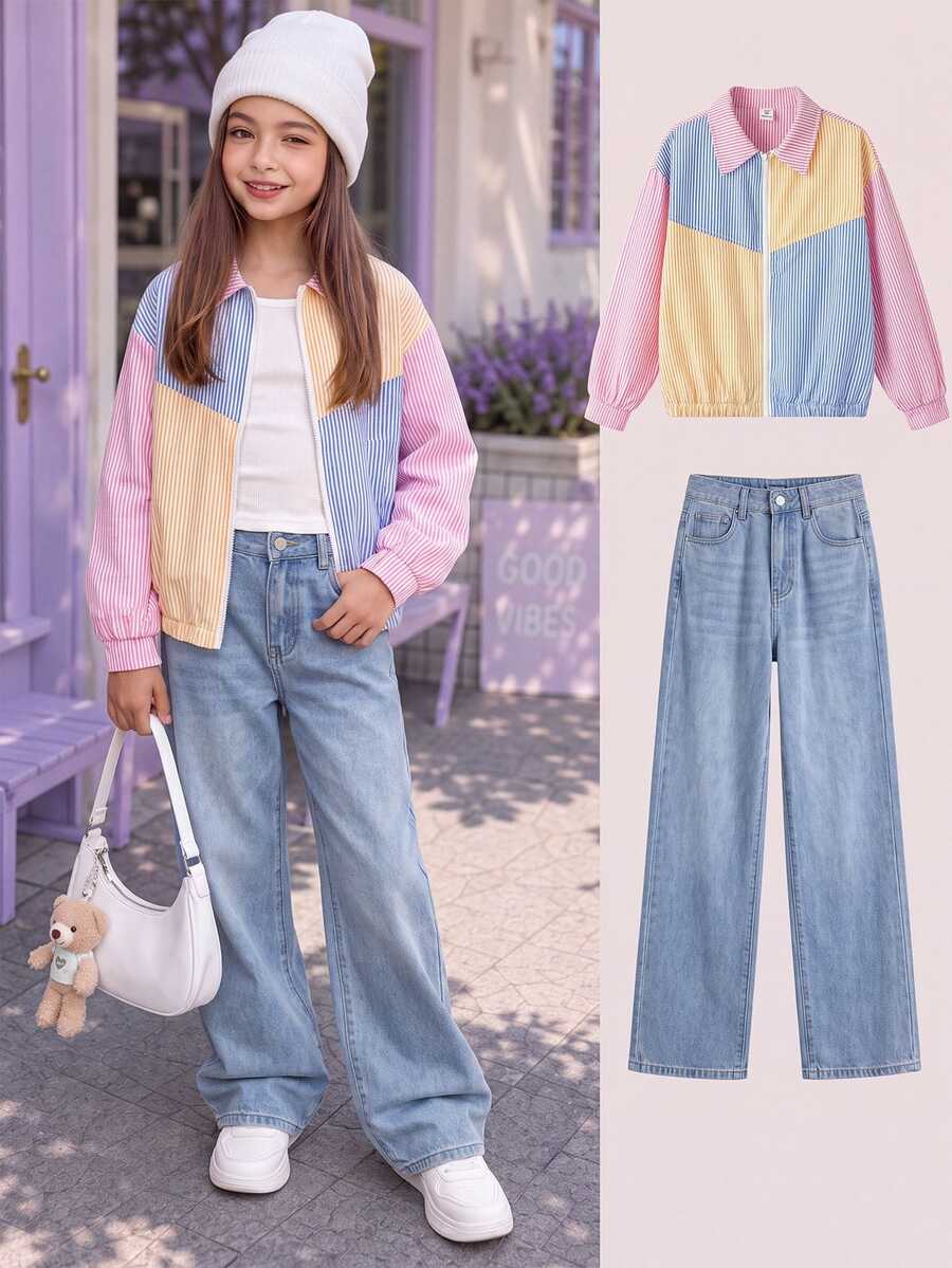 SHEIN Tween女孩彩色條紋拼接長袖秋季夾克,百搭外套,適合外出、返校季、休閒日常穿著 - 彩色 - 查看 1