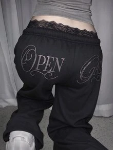 FRIFUL Women's Waist Contrast Lace Letter Print Casual Sweatpants - White - View 1