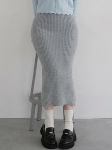FRIFUL Women's Solid Color Casual Versatile Daily Wear Knit Skirt - Black - View 7