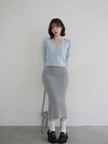 FRIFUL Women's Solid Color Casual Versatile Daily Wear Knit Skirt - Black - View 5